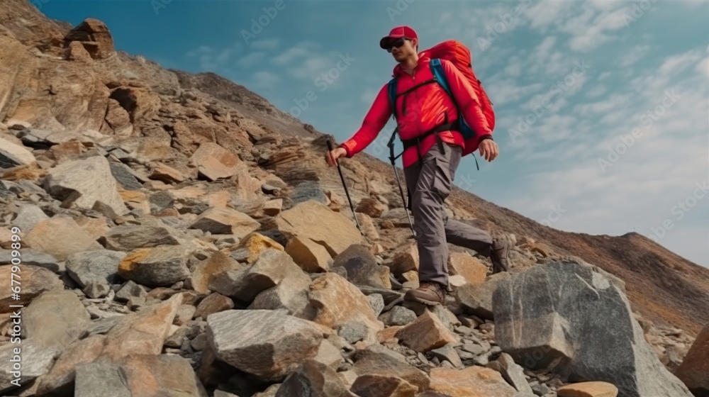a man wearing a backpack climbs a rocky mountain peak