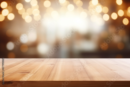 Empty rustic wooden table against a backdrop of blurred lights