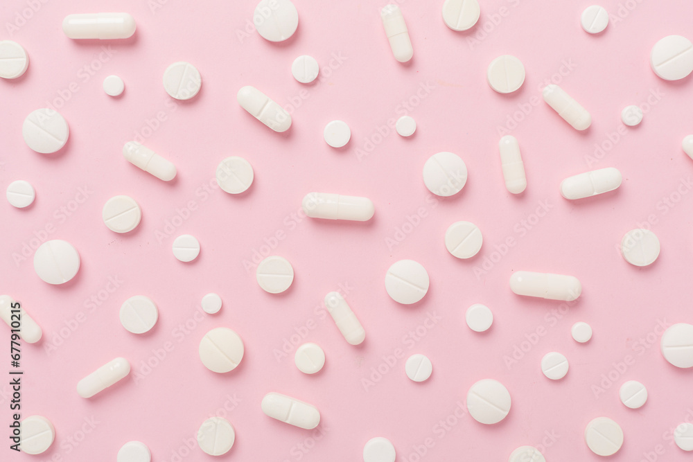 Flat lay with different medical pills and capsules on color background Flat lay with different medical pills and capsules on color background