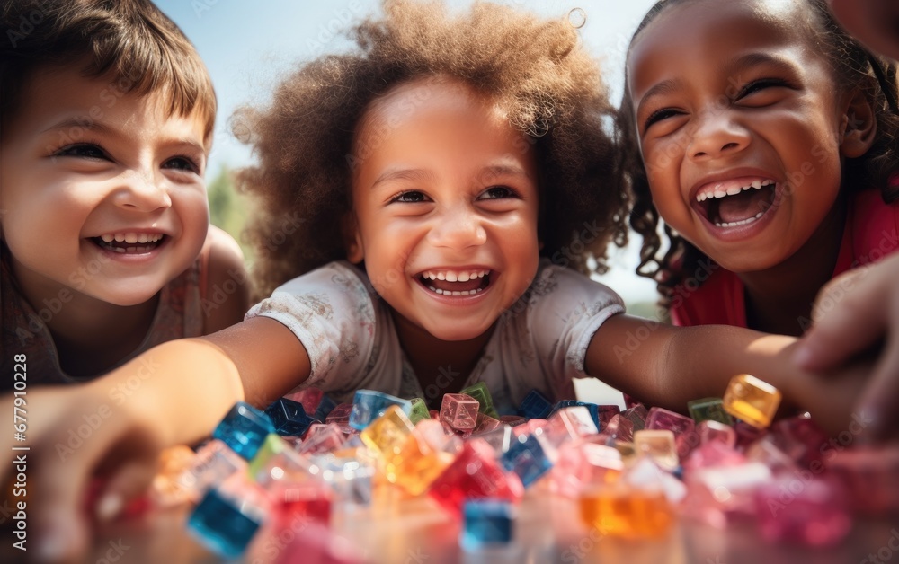 Children playing together with colorful cubes - obrazy, fototapety, plakaty 