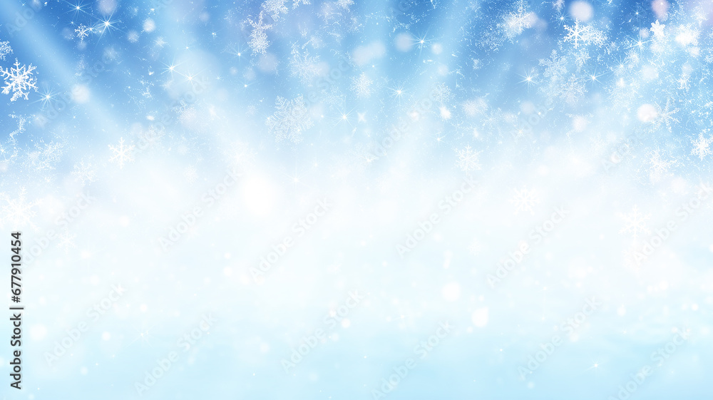 winter holiday background with snowflakes, abstract blue blurred in motion, light rays of light on blue, christmas form