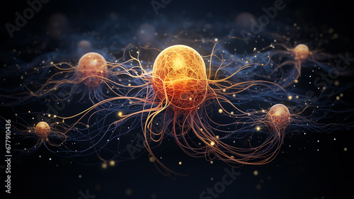 neurons under strong magnification, neural network live impulses transmitted through nerves, abstract fictional background computer graphics, structure of a living brain cell