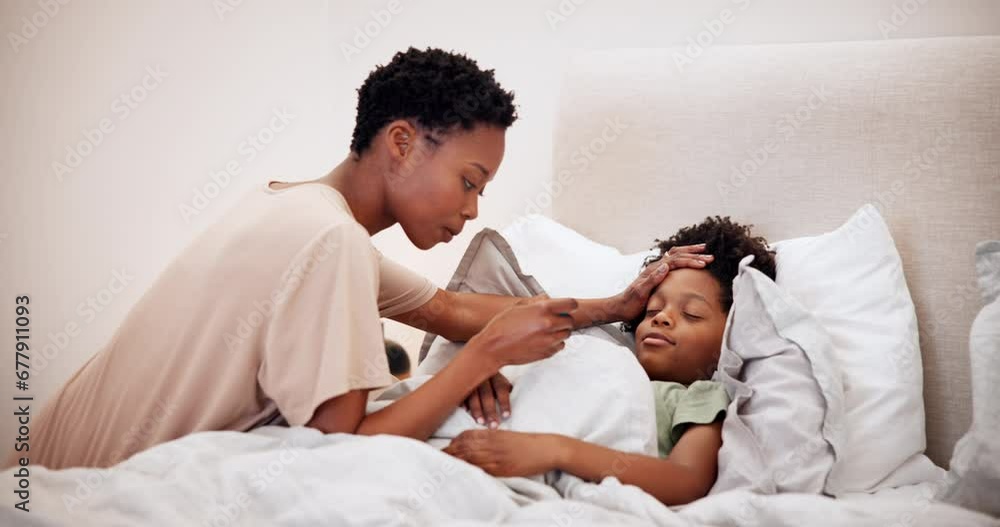 Bed, woman and healthcare for child with fever, talking and comfort for cold symptoms in home. Black family, mom or son with love to check forehead for flu illness, support sick kid or wellness care Bed, woman and healthcare for child with fever, talking and comfort for cold symptoms in home. Black family, mom or son with love to check forehead for flu illness, support sick kid or wellness care
