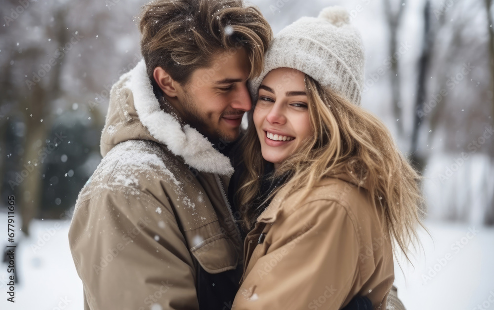 Beautiful couple in love enjoying each other in winter