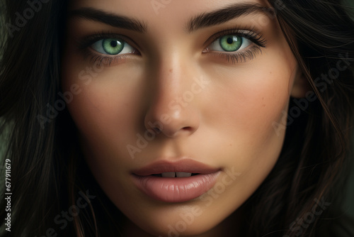 beauty model, 30 year old woman, glowy and fresh skin, light background, close up on her face, dark hair and green eyes