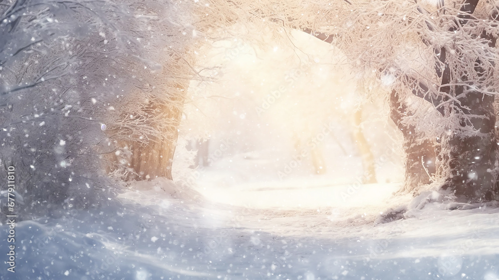 landscape in a winter park, snow falling light background, trees covered with frost in the morning sun and fog, greeting card with a copy space landscape in a winter park, snow falling light background, trees covered with frost in the morning sun and fog, greeting card with a copy space