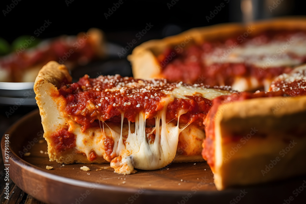Fototapeta premium Homemade Traditional pizza - Chicago Style of Deep Dish Cheese Pizza