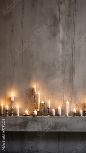 vertical christmas decorations burning candles high form, abstract background copy space, empty blank wall background, on concrete wall