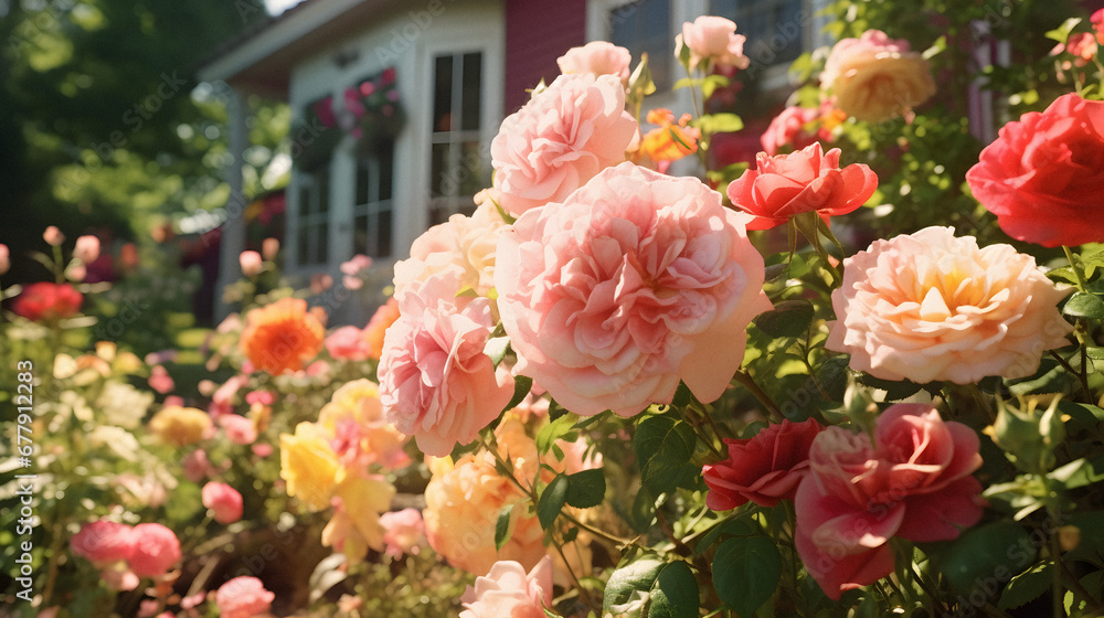 A charming cottage garden with blooming roses, butterflies, and a sunny afternoon, captured with a macro lens, using vibrant and cheerful film to create a whimsical and delightful ambiance