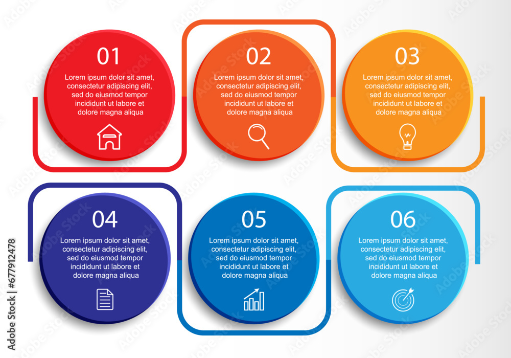 6 step infographic design. simple various colors interconnected, with icons, text and lines, suitable for your business presentation 6 step infographic design. simple various colors interconnected, with icons, text and lines, suitable for your business presentation