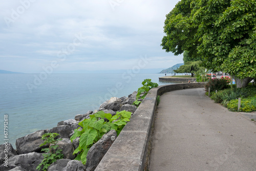 Panorama from town of Vevey to Lake Geneva  Switzerland