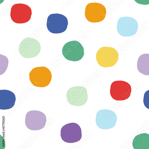 Vector seamless repeat pattern with polka dot in modern colors on white. Versatile trendy modern background with tossed dots for birthday, packaging, everyday, kids.