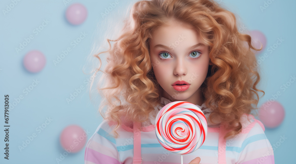 Young funky girl eating candycane, vibrant candycolors Young funky girl eating candycane, vibrant candycolors