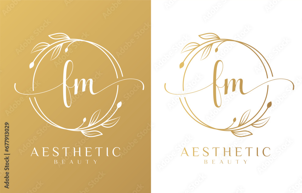 Letter FM Beauty Logo with Flourish Ornament - obrazy, fototapety, plakaty 