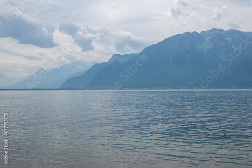 Panorama from town of Vevey to Lake Geneva, Switzerland