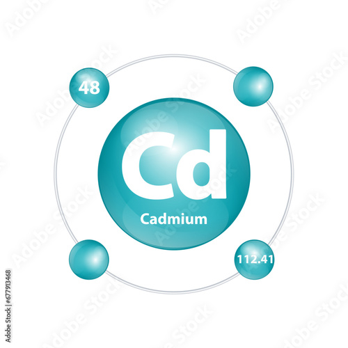 Icon structure Cadmium (Cd) chemical element round shape circle dark green with surround ring Number shows of energy levels of electron. Study science for education 3D Illustration vector.