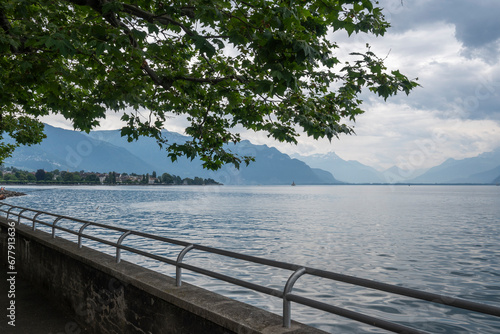 Panorama from town of Vevey to Lake Geneva, Switzerland