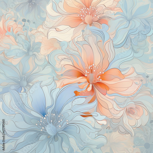 a postcard with bright blue and red abstract flowers,