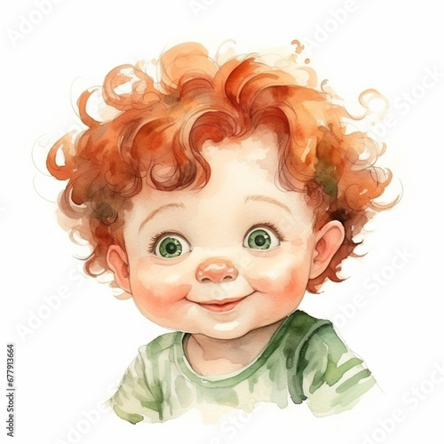 charming boy with red hair and big green eyes smiling sweetly on a white background illustration