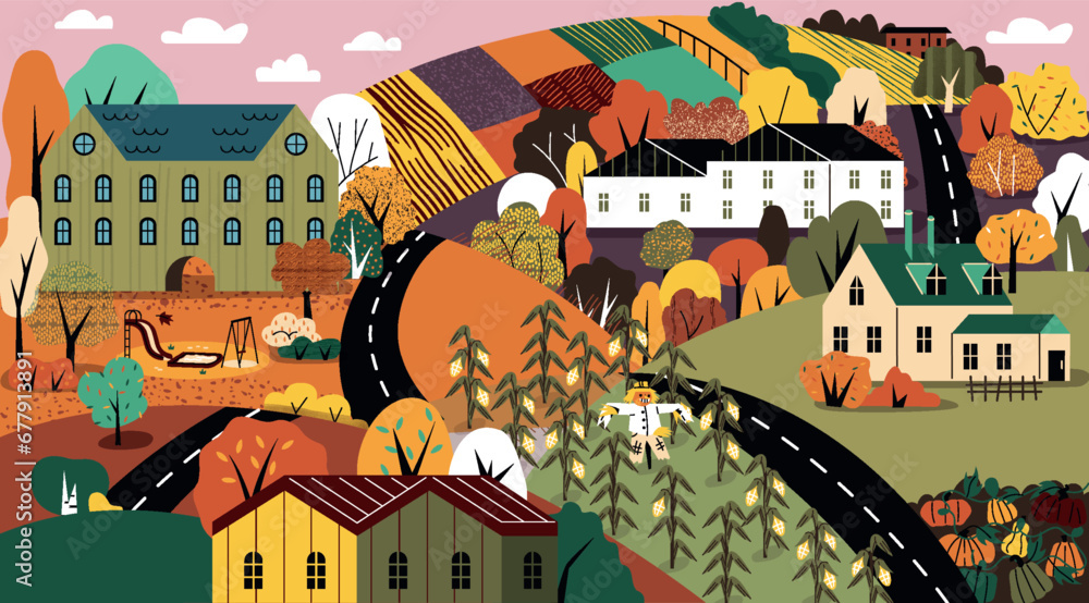 Autumn small town. Houses on hills near trees and road. Countryside and village in fall season. Beautiful natural landscape and panorama with agricultural fields. Cartoon flat vector illustration