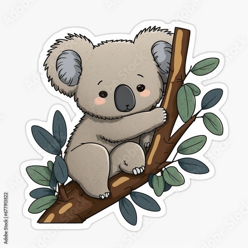 Photography Beautiful view of a sticker of a cute baby koala sitting on a thick branch of a