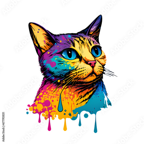 Colorful cute cat against white background photo
