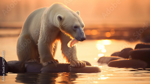 polar bear eating fresh fish. happily photo