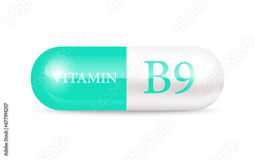 Capsule vitamin B9 (Thiamine) structure green, white. Vitamin complex with chemical formula. Drug business concept. Personal care, beauty concept. 3D Vector Illustration. transparent capsule pill.