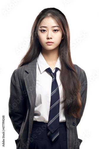 Young asian woman in school uniform on white background