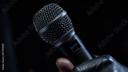 close up, hand holding a microphone I am singing at a concert generative ai photo