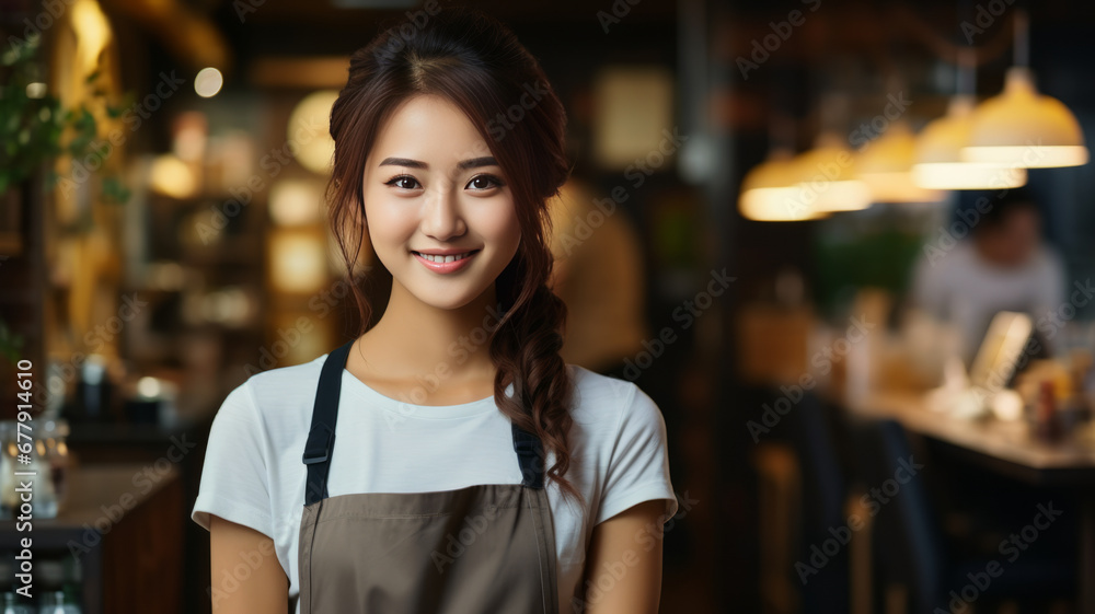 Asian barista with tablet at cafe entrance.