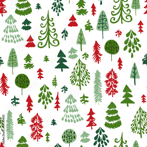 Vector seamless repeat pattern with hand drawn Christmas trees of whimsical shapes in red, green and white.