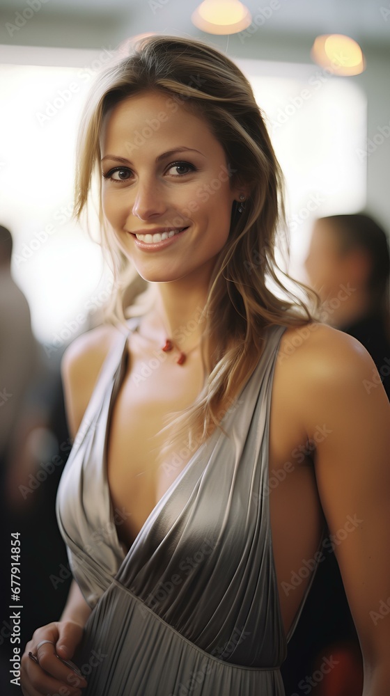 a beautiful woman in a halter-neck evening dress at a party. generative AI a beautiful woman in a halter-neck evening dress at a party. generative AI