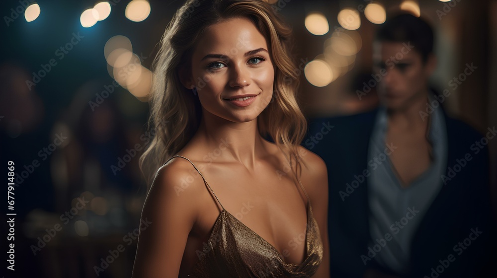 a beautiful woman in a halter-neck evening dress at a party. generative AI a beautiful woman in a halter-neck evening dress at a party. generative AI