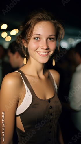 a beautiful woman in a halter-neck evening dress at a party. generative AI