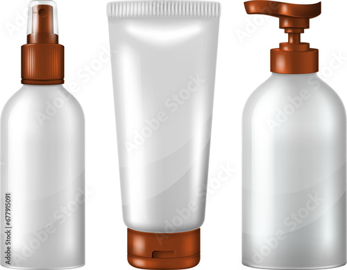 Set of cosmetic bottles with sunscreen isolated on white background. Vector illustration.