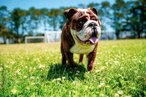 Brown bulldog with tongue out standing on grassland