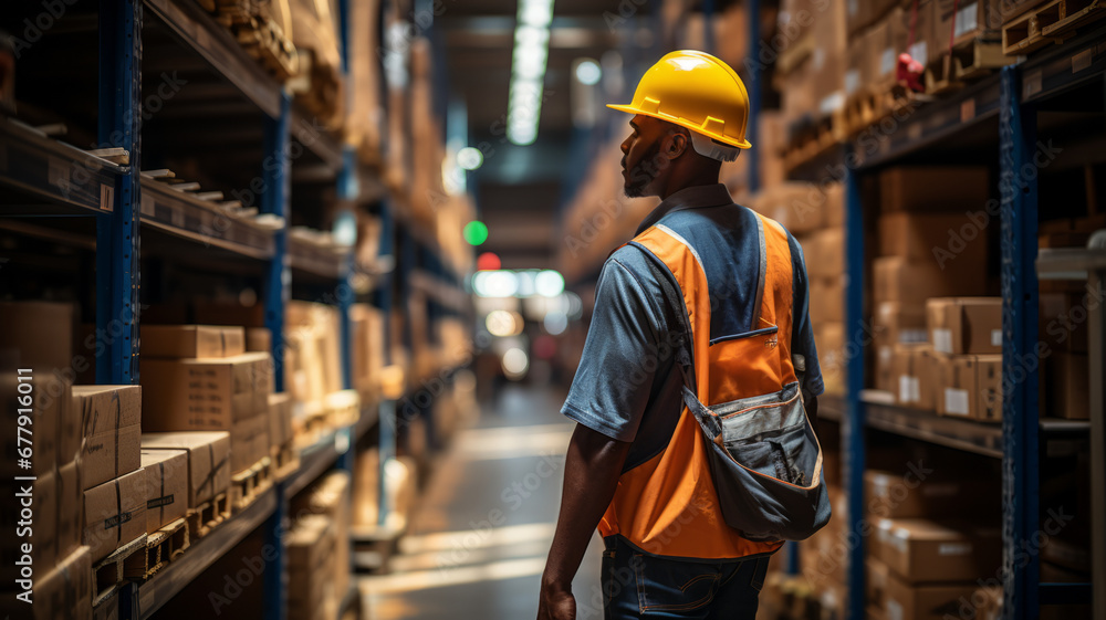 Worker navigating large warehouse Worker navigating large warehouse