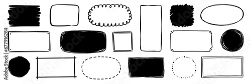 Hand drawn doodle frame set. Box, square, rectangle, circle shape brush pen line stroke scribble element. Hand drawn simple oval, square frame for text border. Vector illustration