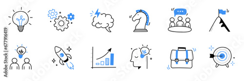 Business idea, startup doodle line icon set. Hand drawn doodle sketch line style business strategy, finance goal growth, startup idea concept. Rocket, target, brain cute element. Vector illustration