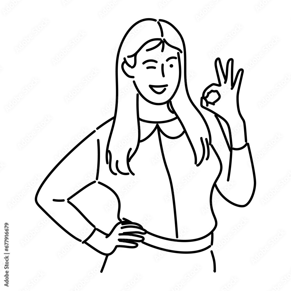 Woman with ok hand sign. Outline illustration of woman with ok hand sign. Woman with ok hand sign. Outline illustration of woman with ok hand sign.