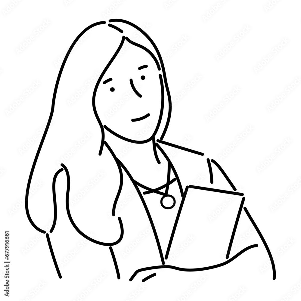 Vector illustration of a beautiful young woman or girl holding a document on her hands Line art. Vector illustration of a beautiful young woman or girl holding a document on her hands Line art.