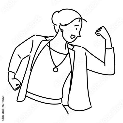 Happy young woman celebrate in a blazer jacket. Line art illustration vector