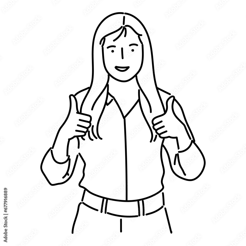Young woman with thumbs up gesture. Vector illustration in outline style. Young woman with thumbs up gesture. Vector illustration in outline style.