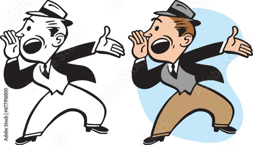 A vintage retro cartoon of a businessman shouting and gesturing at something important. 