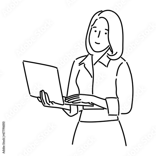 businesswoman using laptop computer vector illustration graphic design in black and white line art