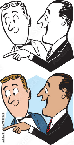 A vintage retro cartoon of two businessmen pointing at something interesting.
