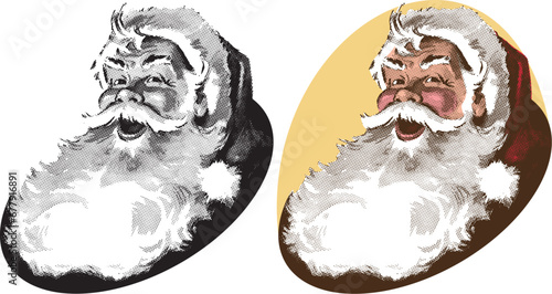 A vintage retro Christmas illustration of jolly old Saint Nick, Santa Claus. 