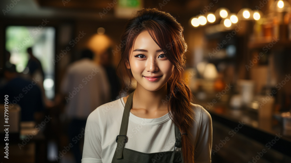 Asian barista with tablet at cafe entrance. Asian barista with tablet at cafe entrance.