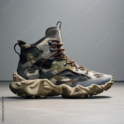 Stylish and sporty hiking boots showcased without people or feet. Designed with a rugged, military aesthetic against a sleek grey background, exuding a designer appeal.